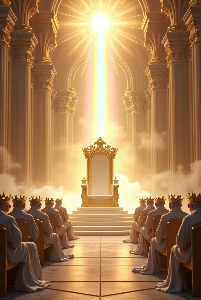 Imagine an empty throne in the middle of a temple in heaven. On top of that empty throne is a rainbow, and around that throne there are 24 smaller thrones, with 24 elders seated in them, These elders wear golden crowns and dress in white.