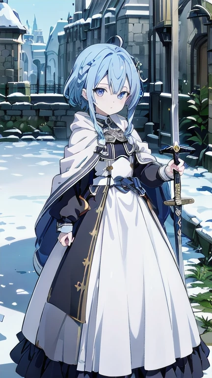 one woman、Rin々new appearance、A dignified expression、cold look、medieval monk、pure white battle uniform、bionde、french braid、have a sword、white cloak、Sword Art Online、(masterpiece, highest quality, highest quality, official art, beautiful and aesthetic:1.2)