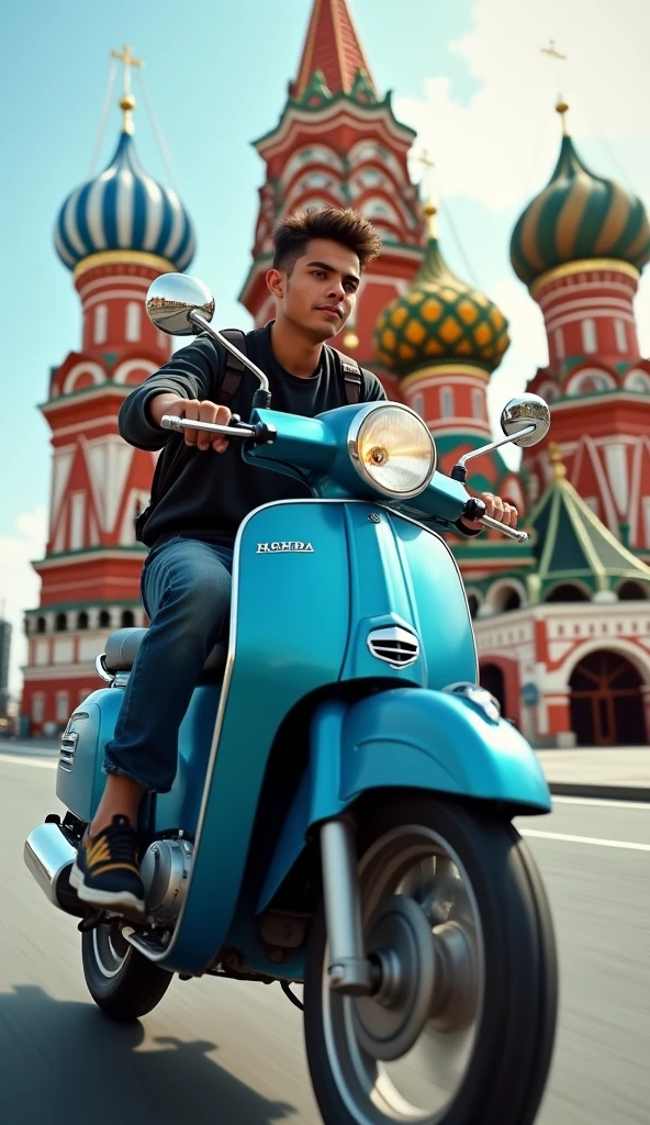 Honda c 125 super cub 2021, blue, Thai man, 20 years old, handsome, wearing jeans, carrying a backpack through the Church of the Savior on Spilled Blood: Russia.
In the morning, drive, type .high speed chase. Evil.