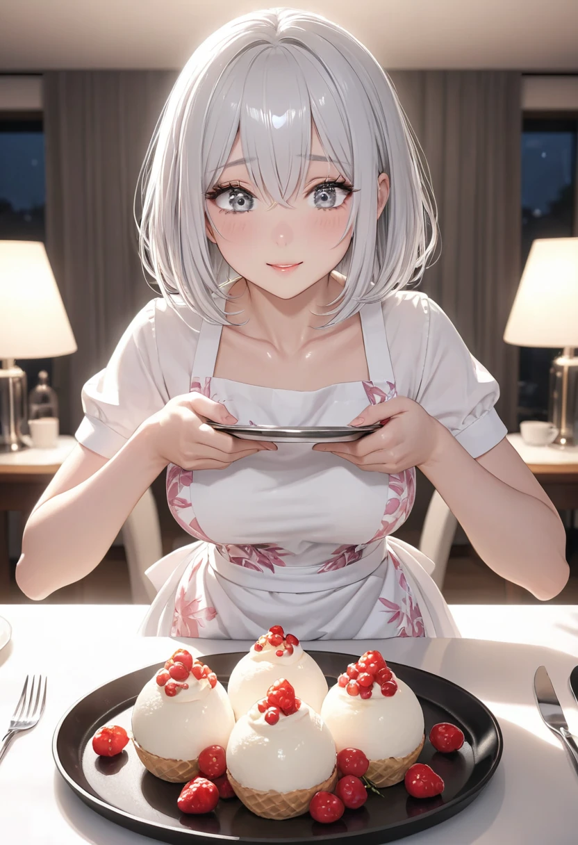 masterpiece, glowing particles, ambient lights, cute, full body detailed, 32K, high details, perfect lighting, perfect ???????, soft light, BREAK ((shiny silver hair)), bob cut, bang between eyes, beautiful hair), (glossy silver eyes:1.5), (beautiful eyes, twinkle eyes, large eyes, close eyes), BREAK (athlete body, large breasts), cute face, beautiful face, pretty face, beautiful, best quality, good anatomy, long eyelashes, expressive eyes, Perfect Hands, BREAK pink botanical print apron, white shirt, short sleeves, morning, dining room, She is holding a very large sumptuous ice cream with berry sauce on a tray and holding it out with both hands