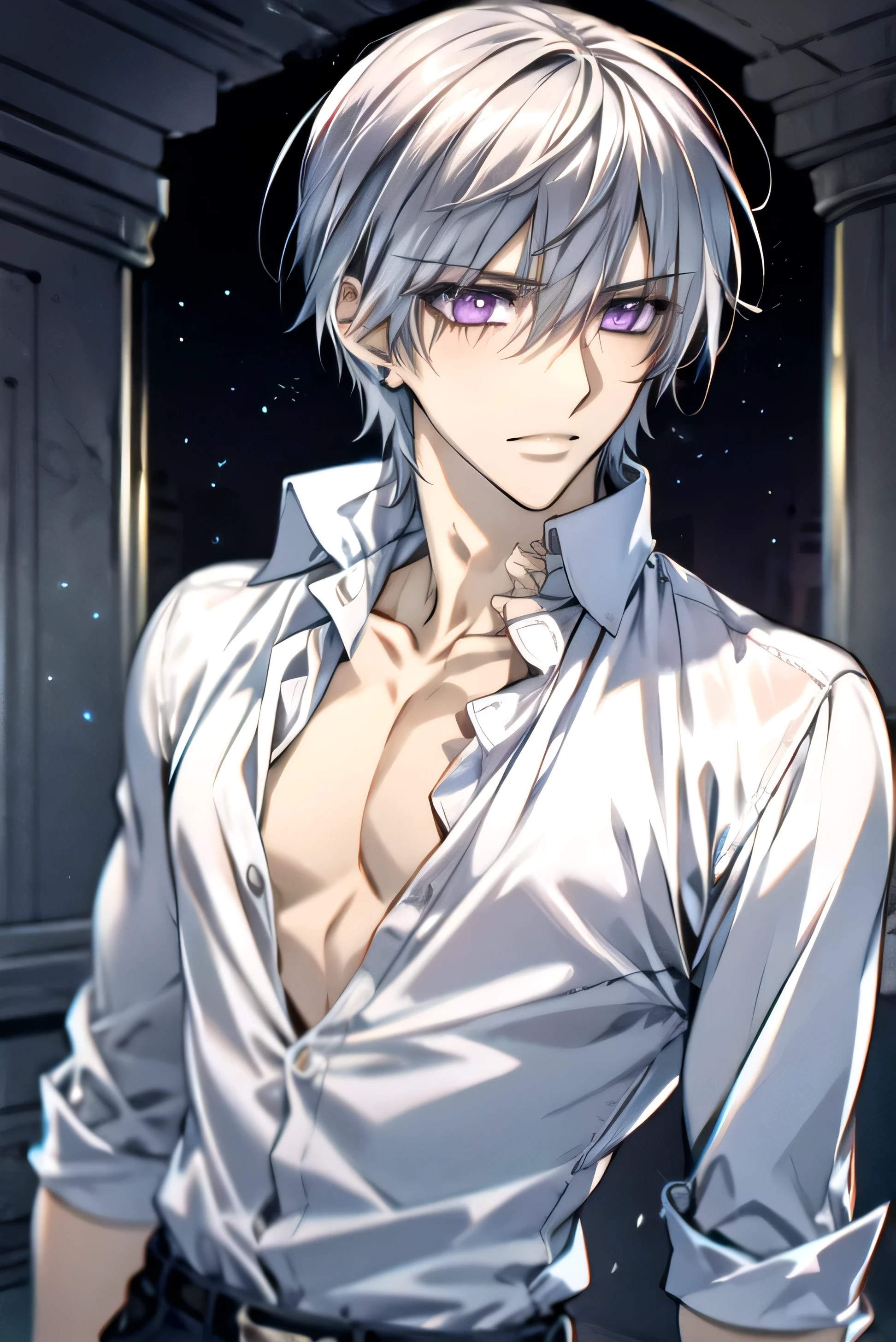 (absurdres, highres, ultra detailed, HDR), masterpiece, best quality, Zero Kiryuu, 1man, solo, handsome, (short silver hair), vibrant purple eyes, finely eye and detailed face, solid black background, white dress shirt, vampire knight, (arms behind back), solid crimson background, (portrait), unbuttoned shirt, chest showing, 
