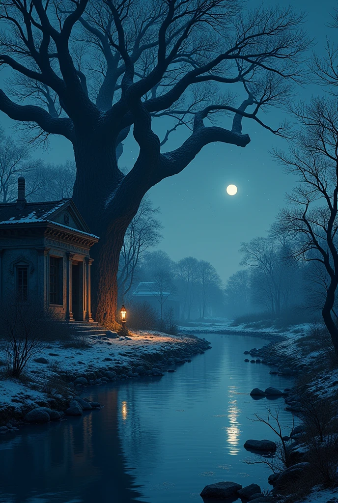 One winter night, the village people are all asleep.  There was an old pond at one end of that village.  Beside the pond was a huge banyan tree, which was a symbol of fear and mystery to the people of the village.  Next to the pond is an old broken temple
