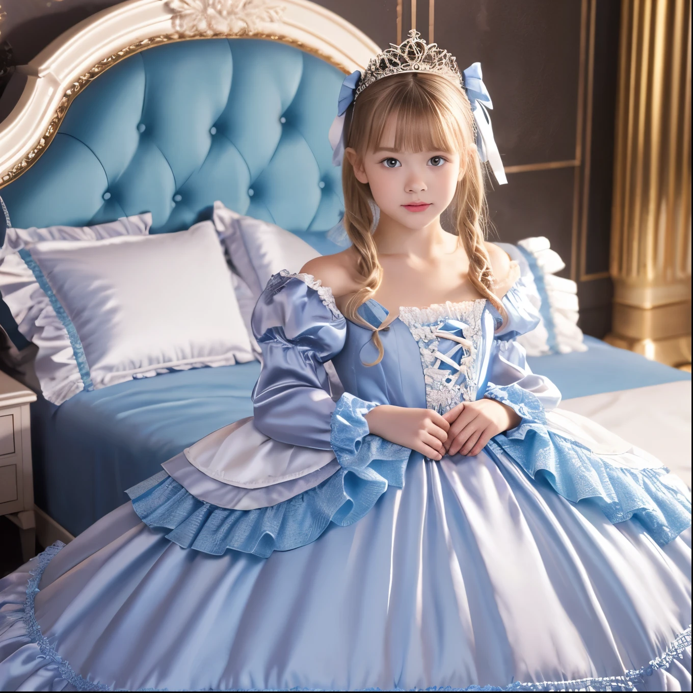 ,highest quality, masterpiece, highest resolution, artwork, super それにget used to it, many get used to it, get used to it, それにget used to it, 3k realistic pictures,,((10 year old s)),Ultra-detailed juvenile face,three are princesses,full length ball gown dress with hoop skirt,ruffled yoke collar,puff sleeves,long sleeve,((Lolita styltailed princess satin dress with lots of ruffles and ribbons)),Rococo style lolita fashion,y satin dress,Soft and smooth fabric,luxury,long blonde hair,blue eyes,white skin european,Pajama,((in the bedroom)),luxury princess canopy frilled bed,super detailed silk satin bed,lot of frilled pillows,they are lying on the bed,High-quality background,