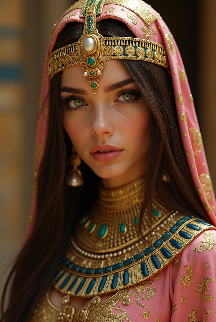 an Egyptian woman with brown hair, long and smooth, greeneyes, outlined, lots of eyelashes, gold and pink clothes, with lots of jewels and shine, with a small tiara on her head