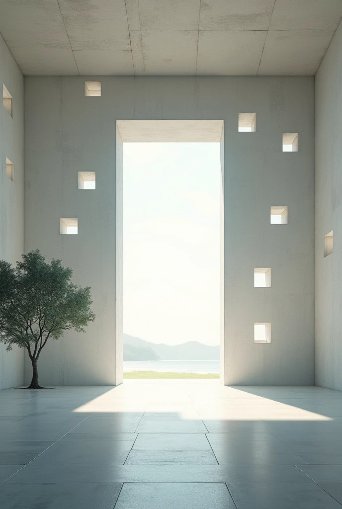 Light enters through both facades, in the form of a geometric grid. Windows on two walls, in the form of randomly scattered squares. It has a large entrance of natural light into the space It is a single large space Flat roof It is a space with an approximate height of 4 meters and great depth. The horizon is on the right side, since on the left side there are large trees a short distance away.