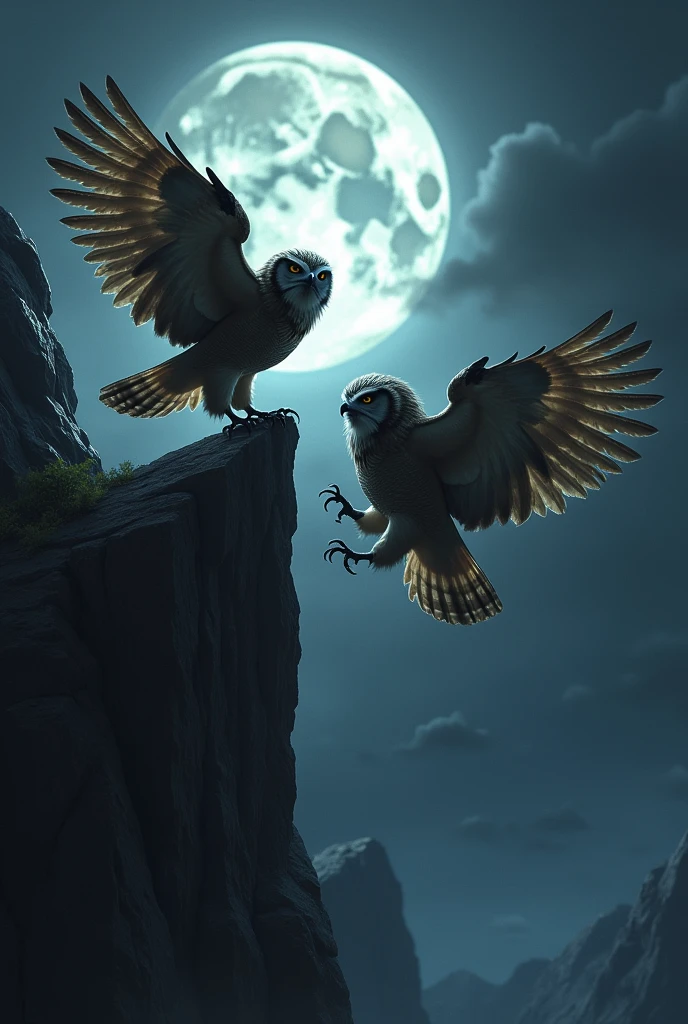 Owls with a fighting expression under the moon climbing a cliff 