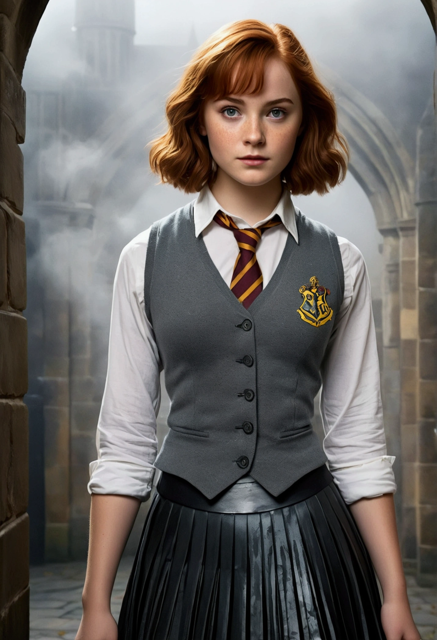 An illustrated movie poster, hand-drawn, full color, a teenage Hogwarts student, 18-years-old, female, wearing a charcoal vest and a pleated skirt, athletic hourglass figure, full wide hips, massive round butt, long shapely legs, ridiculously thick powerful thighs, vibrant eyes, deep dark auburn hair, messy pixie cut, flushed sun-kissed complexion, freckles, resembles Genevieve O'Reilly, standing in a foggy Hogwarts courtyard, surrounded by mist, graphite shading, stencil marks, airbrushed acrylic paint, masterpiece, close-up shot, in the style of the Deathly Hallows 