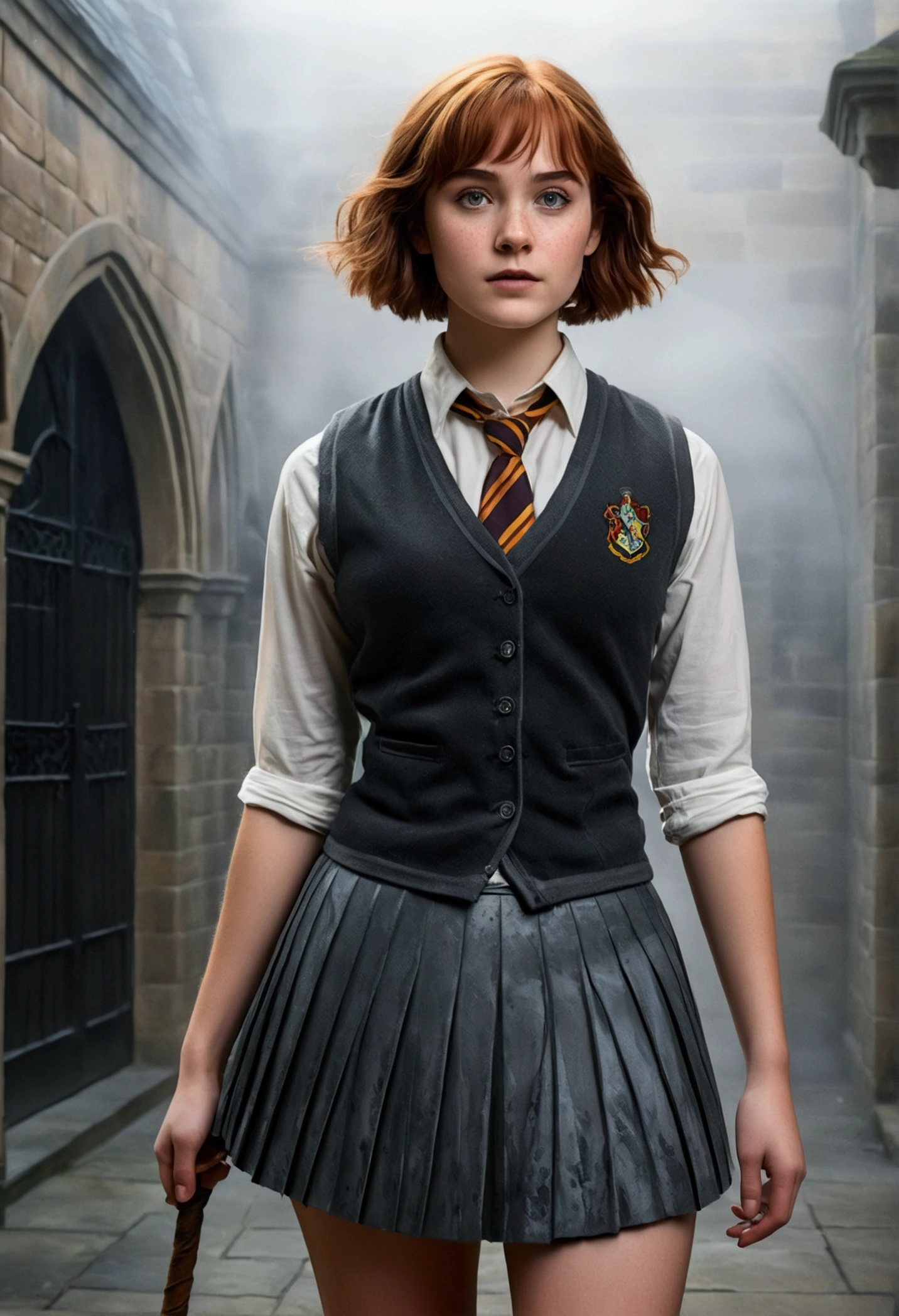 An illustrated movie poster, hand-drawn, full color, a age Hogwarts student, 18-years-old, female, wearing a charcoal vest and a pleated skirt, athletic hourglass figure, full wide hips, massive round butt, long shapely legs, ridiculously thick powerful thighs, vibrant eyes, deep dark auburn hair, messy pixie cut, flushed sun-kissed complexion, freckles, resembles Genevieve O'Reilly, standing in a foggy Hogwarts courtyard, surrounded by mist, graphite shading, stencil marks, airbrushed acrylic paint, masterpiece, close-up shot, in the style of the Deathly Hallows