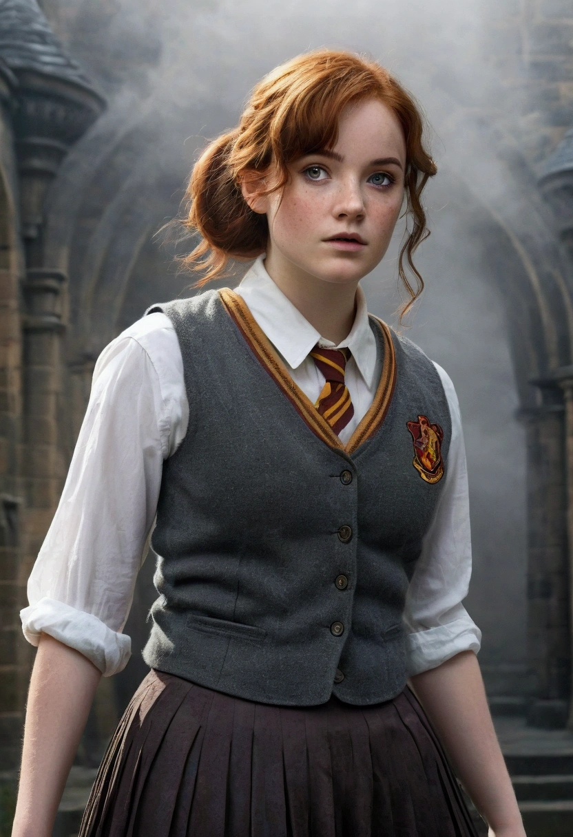 An illustrated movie poster, hand-drawn, full color, a age Hogwarts student, 18-years-old, female, wearing a charcoal vest and a pleated skirt, athletic hourglass figure, full wide hips, massive round butt, long shapely legs, ridiculously thick powerful thighs, vibrant eyes, deep dark auburn hair, messy pixie cut, flushed sun-kissed complexion, freckles, resembles Genevieve O'Reilly, standing in a foggy Hogwarts courtyard, surrounded by mist, graphite shading, stencil marks, airbrushed acrylic paint, masterpiece, close-up shot, in the style of the Deathly Hallows