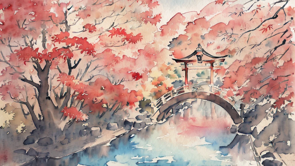 (watercolor:1.2), watercolor, Painting \(Moderate\),Kyoto、torii、sightseeing、autumn leaves