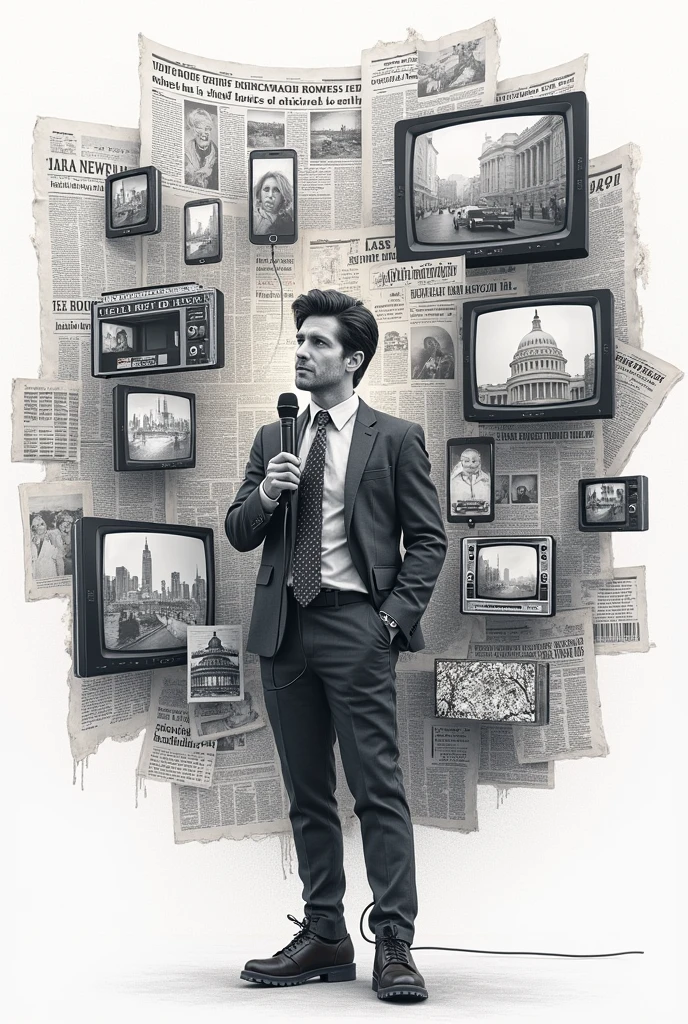 a figure representing the media, like a journalist with a microphone or a news anchor. Show newspapers, TV screens, and smartphones with headlines or news images. Make it a drawing/sketch.