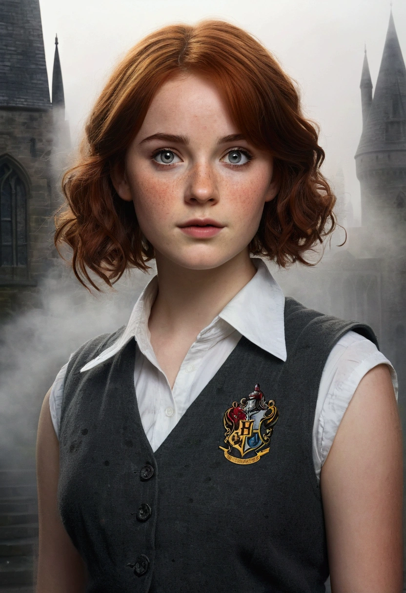 An illustrated movie poster, hand-drawn, full color, a teenage Hogwarts student, 18-years-old, female, wearing a charcoal vest and a pleated skirt, athletic hourglass figure, full wide hips, massive round butt, long shapely legs, ridiculously thick powerful thighs, vibrant eyes, deep dark auburn hair, messy pixie cut, flushed sun-kissed complexion, freckles, resembles Genevieve O'Reilly, standing in a foggy Hogwarts courtyard, surrounded by mist, graphite shading, stencil marks, airbrushed acrylic paint, masterpiece, close-up shot, in the style of the Deathly Hallows