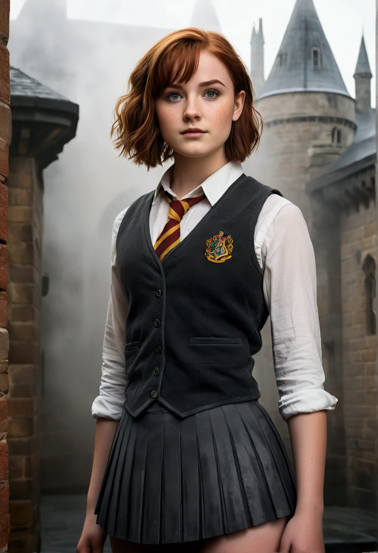 An illustrated movie poster, hand-drawn, full color, a age Hogwarts student, 18-years-old, female, wearing a charcoal vest and a pleated skirt, athletic hourglass figure, full wide hips, massive round butt, long shapely legs, ridiculously thick powerful thighs, vibrant eyes, deep dark auburn hair, messy pixie cut, flushed sun-kissed complexion, freckles, resembles Genevieve O'Reilly, standing in a foggy Hogwarts courtyard, surrounded by mist, graphite shading, stencil marks, airbrushed acrylic paint, masterpiece, close-up shot, in the style of the Deathly Hallows
