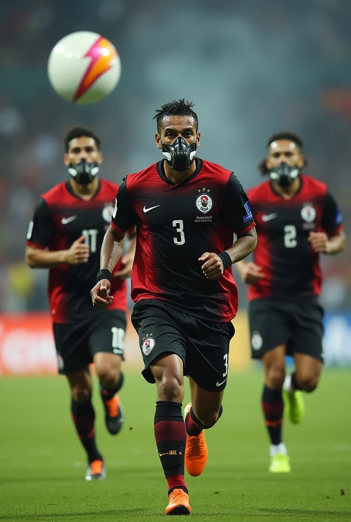 Flamengo football players in black and red shirts running using oxygen cylinder mask to breathe better Gabigol, Gerson and Arrascaeta, pedro oxygen balloon