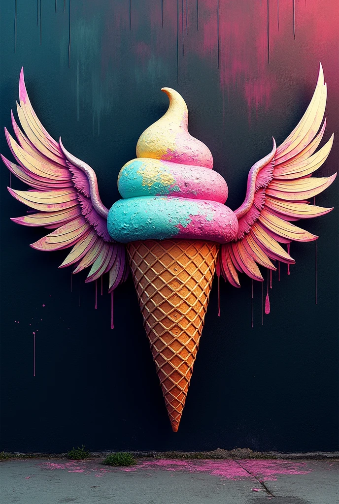 Create graffiti from an ice cream cone,wall in the background is black with a graduated color, The Shell Has Wings,Detail: the wing cannot be together