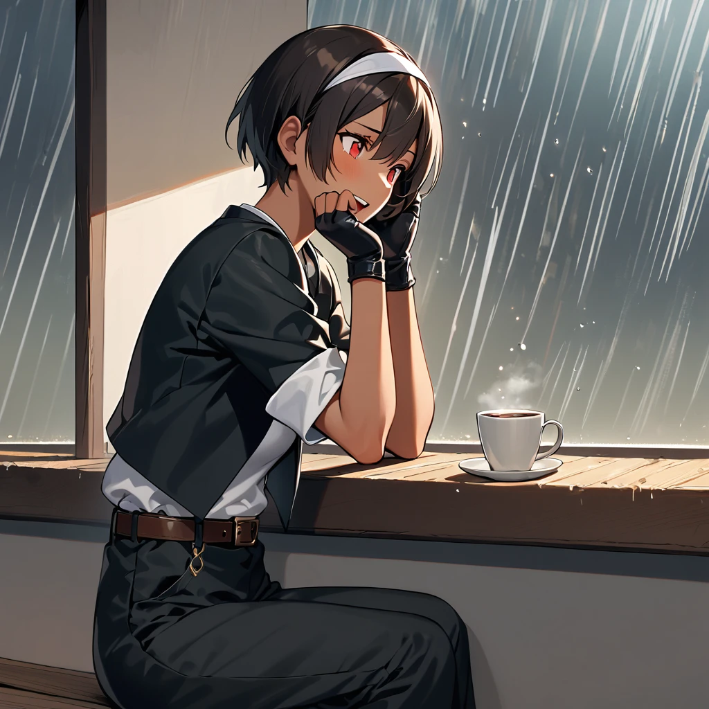 single,female,short cut,short height,dark hair,dark skin,red eyes,((rolled up black jacket)),fingerless gloves,white T-shirt,(white headband),black pants,white shoes,brown belt,cute,indoor type,charming,top quality,neat face,neat eyes,slightly worried face,notices rain notice, drinking coffee on terrace, worried about rain, laughing with head in hands