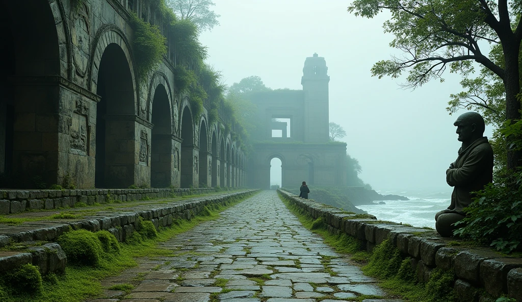 An ancient, enigmatic city near the coast of a mysterious continent, believed to be one of the oldest remnants of human civilization. The city is long abandoned, with towering structures and majestic constructions reduced to ruins. Gigantic buildings, once symbols of human achievement, are entwined with vines and overgrown with foliage. The city's stone pathways are cracked and weathered, with roots weaving through the cobblestones. Despite the ravages of time, remnants of colossal arches and intricate carvings remain, showcasing the city's former magnificence. Moss-covered statues, worn and eroded, stand as silent sentinels, their expressions frozen in time. The city is located near the coast, suggesting it was a vital center for maritime activity. The scene exudes a sense of mystery, with the ruins shrouded in fog and the distant sound of waves crashing against the shore, adding to the haunting atmosphere of this lost city.