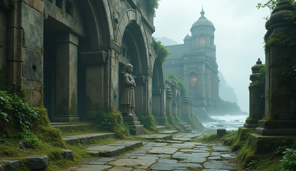 An ancient, enigmatic city near the coast of a mysterious continent, believed to be one of the oldest remnants of human civilization. The city is long abandoned, with towering structures and majestic constructions reduced to ruins. Gigantic buildings, once symbols of human achievement, are entwined with vines and overgrown with foliage. The city's stone pathways are cracked and weathered, with roots weaving through the cobblestones. Despite the ravages of time, remnants of colossal arches and intricate carvings remain, showcasing the city's former magnificence. Moss-covered statues, worn and eroded, stand as silent sentinels, their expressions frozen in time. The city is located near the coast, suggesting it was a vital center for maritime activity. The scene exudes a sense of mystery, with the ruins shrouded in fog and the distant sound of waves crashing against the shore, adding to the haunting atmosphere of this lost city.