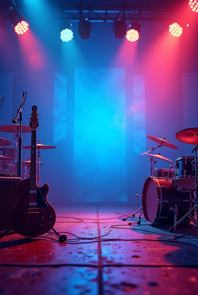 Musical profile background animated style in vivid blue color, red and purple. With musical instruments, Lights, microphone on a stage, without people