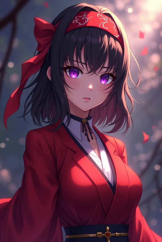 An anime girl from Kimetsu no Yaiba who has slightly long black hair, with brown locks, a red bandana on his head, purple eyes, clear skin, medium breasts, that she is dressed like a priestess and that her clothes are red, a scar on his cheek and a serious look