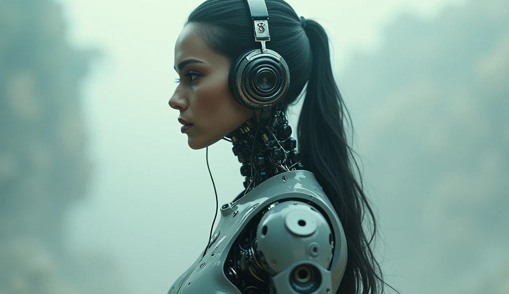 A photoreal crystal clear film still of a beautiful indian woman, she is a biomechanical complex robot, she has a headphone
She is built for combat but still cute. Each joint, cable, and piston is meticulously detailed, emphasizing her raw power and emotion
A subtle mist surrounds the figure, catching the light and adding an air of mystery and danger.