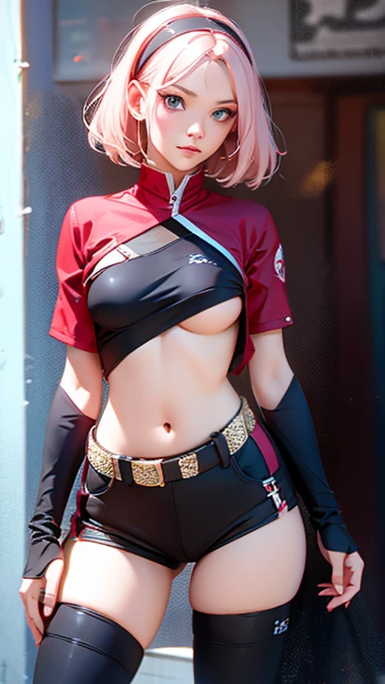 ((masterpiece,high quality,High resolution,8k,Actual photo,reality的,reality)),
Haruno sakura, naruto \(series\), naruto shippuuden, masterpiece,
View your viewers, slim Upper Body exposing bare breasts, pink nipples, hot pants, long slender legs, black sandals
red shirt, shirt, short hair, No sleeve, No sleeve shirt, Forehead protector, hair band, konohagakure symbol on hair band, very small breasts