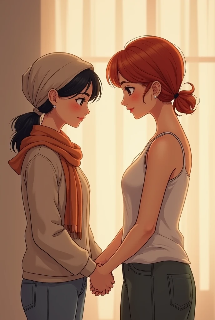 A black hair asian girl in 20wearing scarft on her head and taller is holding hand with red hair mature asian women age 3  with big breast  wearing singlet 