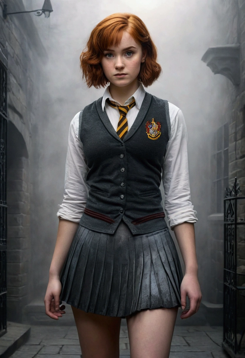 An illustrated movie poster, hand-drawn, full color, a age Hogwarts student, 18-years-old, female, wearing a charcoal vest and a pleated skirt, athletic hourglass figure, full wide hips, massive round butt, long shapely legs, ridiculously thick powerful thighs, vibrant eyes, deep dark auburn hair, punk pixie cut, flushed sun-kissed complexion, freckles, resembles Genevieve O'Reilly, standing in a foggy Hogwarts courtyard, surrounded by mist, graphite shading, stencil marks, airbrushed acrylic paint, masterpiece, close-up shot, in the style of the Deathly Hallows