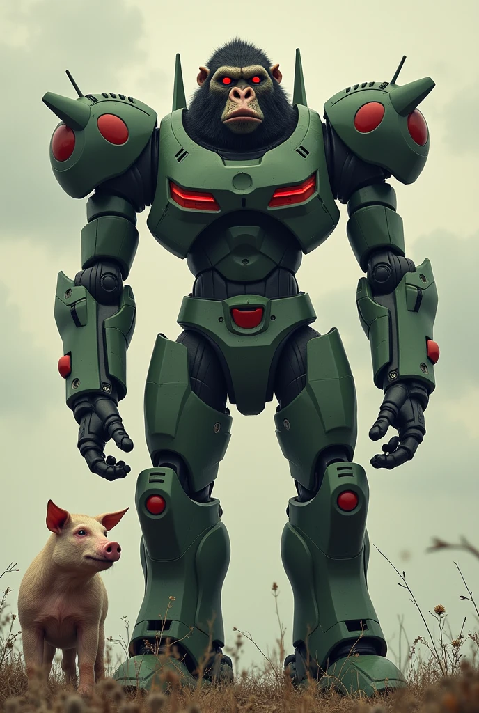 Evangelion&#39;s Unit 01 has a gorilla-like face and a sexy pig is looking at it from behind