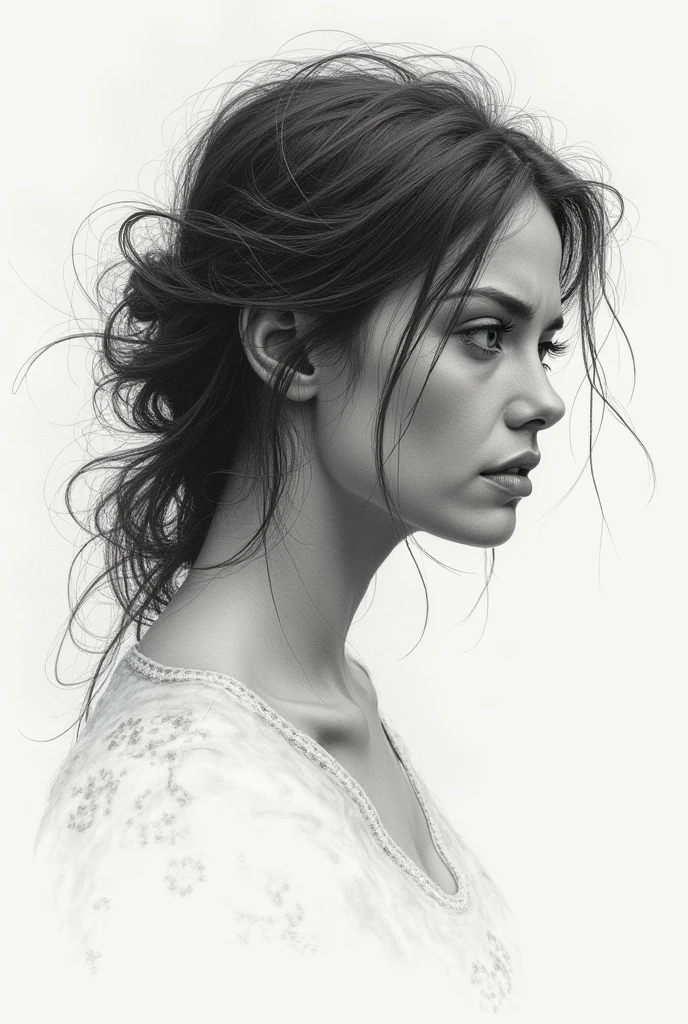 drawing of a woman looking at me with an emotional eyes like she’s saying something through her eyes the pain can be seen in her eyes from side profile of her face
Sketch