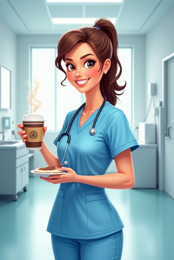 Nurse in scrub animated with coffee