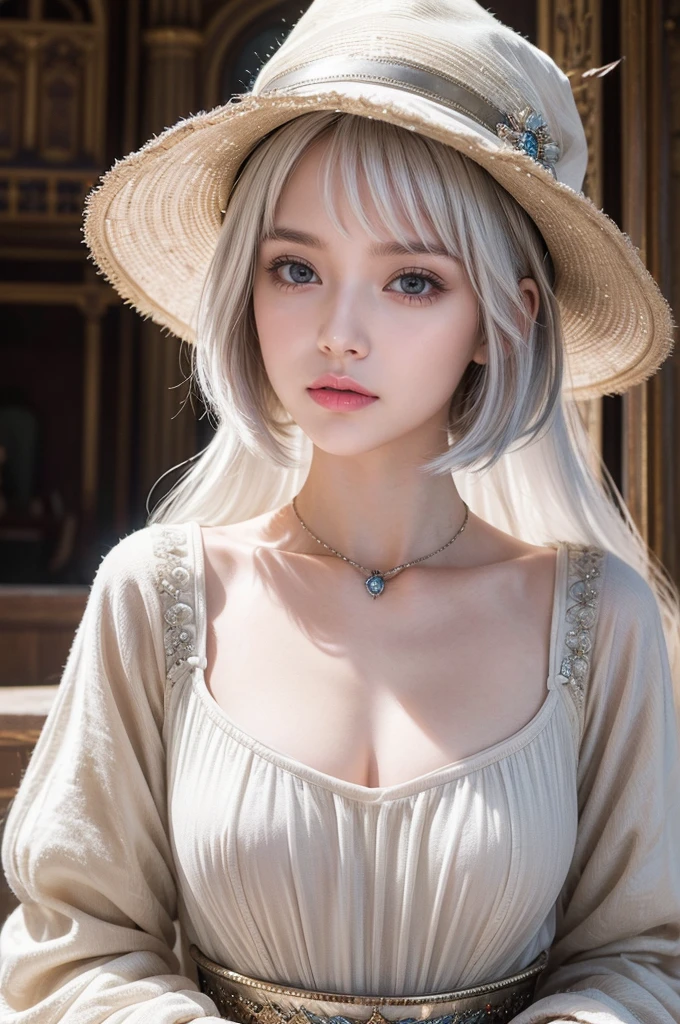 (masterpiece), (work of art), (amazing work), (detailed eyes), (delicate skin), (heterochromatic eyes), (multicolored), (short white hair with bangs), (sparkling eyes), (1girl) with witch's hat, ancient, old, wearing extravagant medieval clothes, masterpiece, best quality, best desinger, best illustration