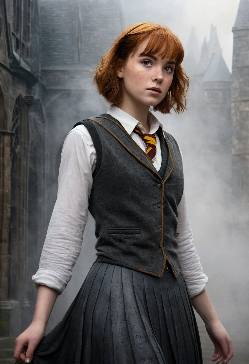 An illustrated movie poster, hand-drawn, full color, a age Hogwarts student, 18-years-old, female, wearing a charcoal vest and a pleated skirt, athletic hourglass figure, full wide hips, massive round butt, long shapely legs, ridiculously thick powerful thighs, vibrant eyes, deep dark auburn hair, punk pixie cut, flushed sun-kissed complexion, freckles, resembles Genevieve O'Reilly, standing in a foggy Hogwarts courtyard, surrounded by mist, graphite shading, stencil marks, airbrushed acrylic paint, masterpiece, close-up shot, in the style of the Deathly Hallows
