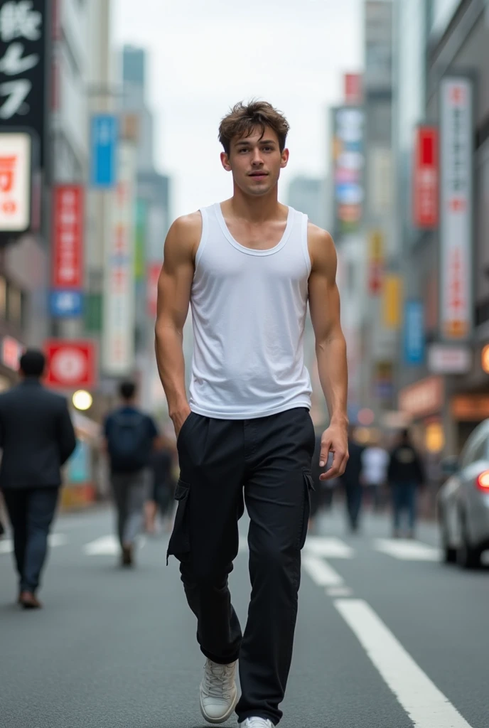 guy, young, age 25, height 170 cm, wearing black pants and white maika, build, brown hair, on the street, tokyo city, real photo, full-length photo