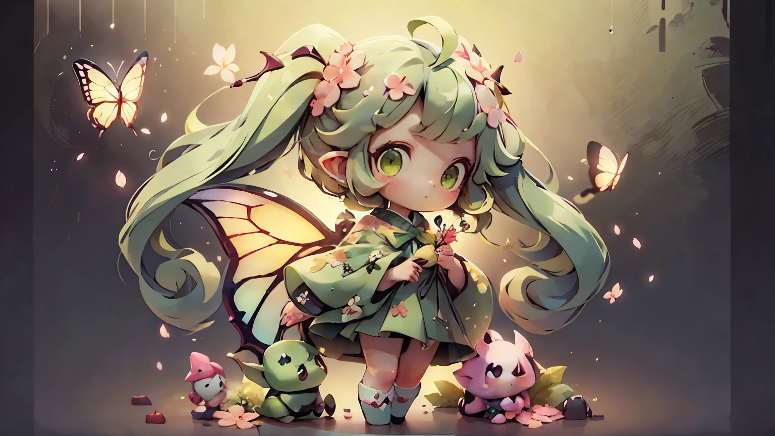 plastic, 1 Succubus Girls, Little T,Green Hair, Luxury Fabric,Harajuku Style, Dither, Cherry blossom and butterfly texture,Profound, Looking at the audience, Striped background