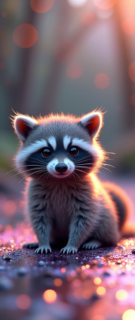 A whimsical conceptual art piece showcasing an irresistibly adorable and fluffy baby raccoon. In a stunning 3D render transformed from a photograph, the raccoon sits atop a sheet of iridescent cellophane, completely covered in vibrant glittery adamantium and mud. Its large, expressive eyes and fluffy tail add to its irresistible cuteness. The abstract background, composed of a mesmerizing blend of shapes and colors, enhances the enchanting charm of this delightful image., conceptual art, vibrant, 3d render, photo