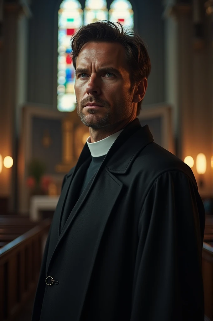 (HD image, hyper detailed) Actor Ian Somerhalder as a Lutheran pastor, wearing a clerical collar. 