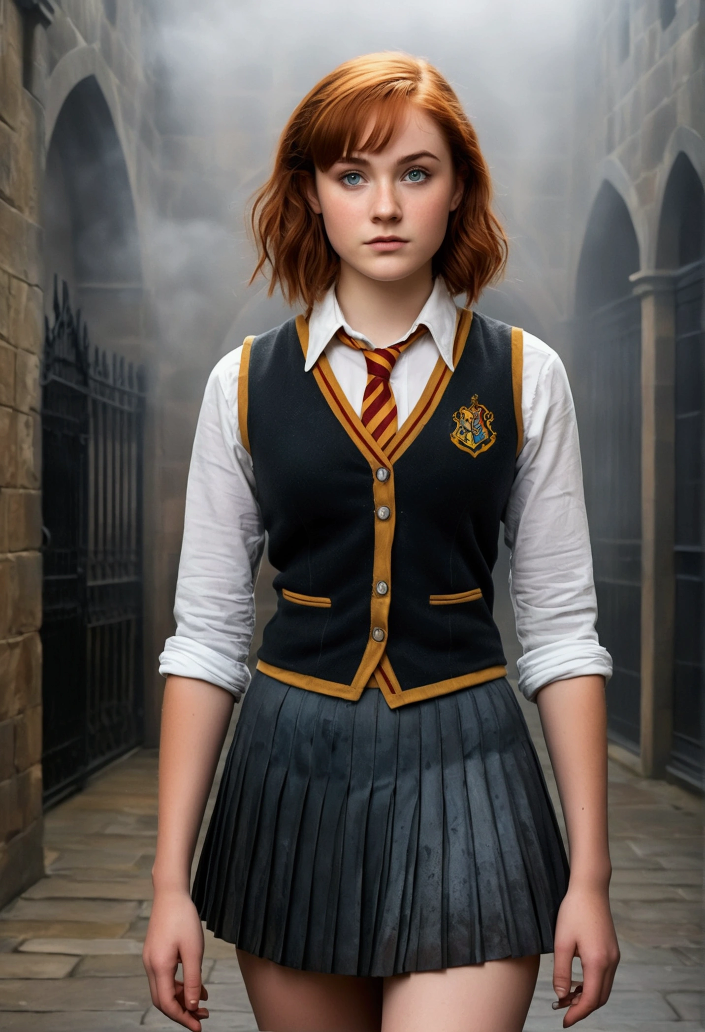 An illustrated movie poster, hand-drawn, full color, a teenage Hogwarts student, 18-years-old, female, wearing a charcoal vest and a pleated skirt, athletic hourglass figure, full wide hips, massive round butt, long shapely legs, ridiculously thick powerful thighs, vibrant eyes, deep dark auburn hair, punk pixie cut, flushed sun-kissed complexion, freckles, resembles Genevieve O'Reilly, standing in a foggy Hogwarts courtyard, surrounded by mist, graphite shading, stencil marks, airbrushed acrylic paint, masterpiece, close-up shot, in the style of the Deathly Hallows 