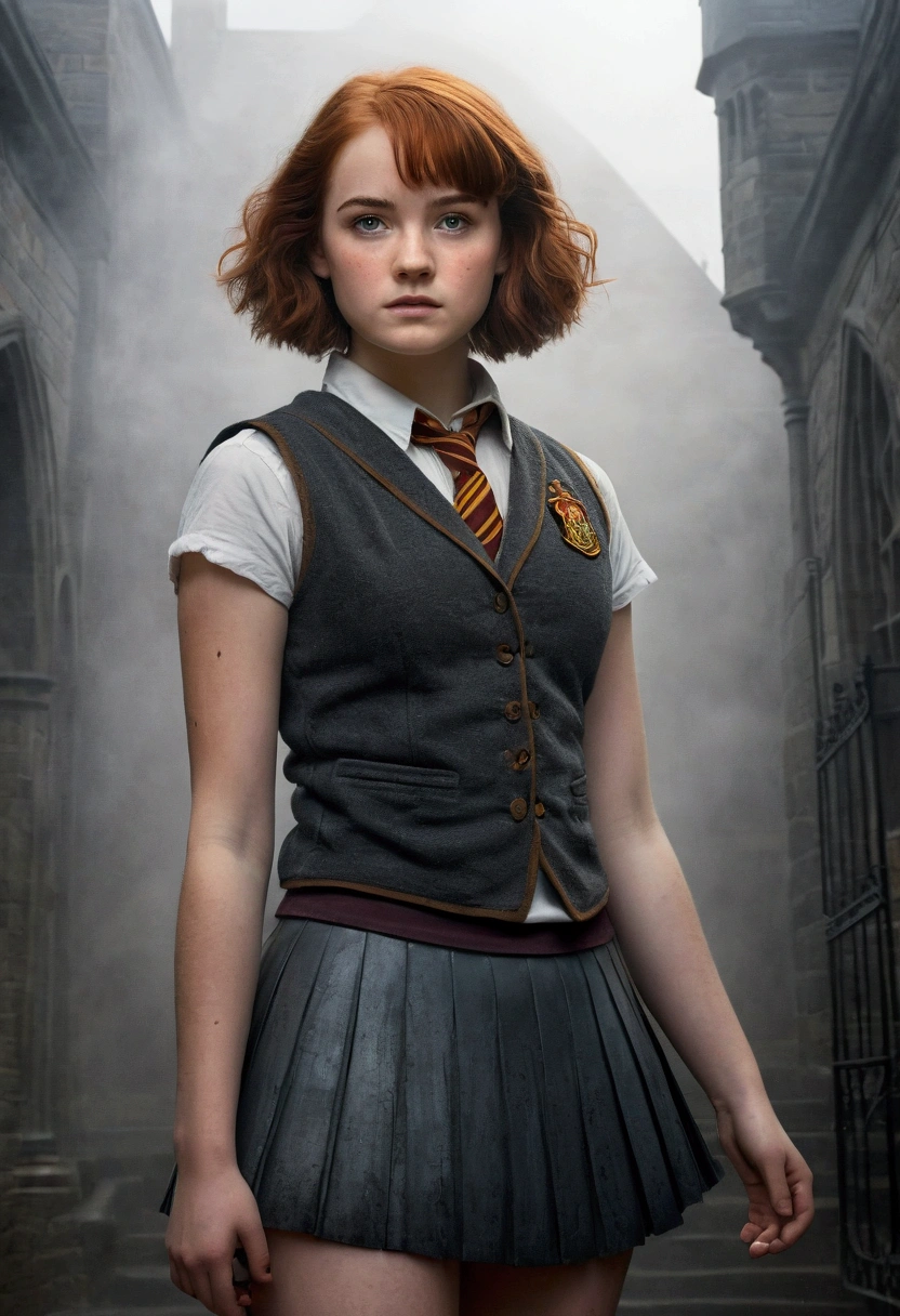 An illustrated movie poster, hand-drawn, full color, a teenage Hogwarts student, 18-years-old, female, wearing a charcoal vest and a pleated skirt, athletic hourglass figure, full wide hips, massive round butt, long shapely legs, ridiculously thick powerful thighs, vibrant eyes, deep dark auburn hair, punk pixie cut, flushed sun-kissed complexion, freckles, resembles Genevieve O'Reilly, standing in a foggy Hogwarts courtyard, surrounded by mist, graphite shading, stencil marks, airbrushed acrylic paint, masterpiece, close-up shot, in the style of the Deathly Hallows 