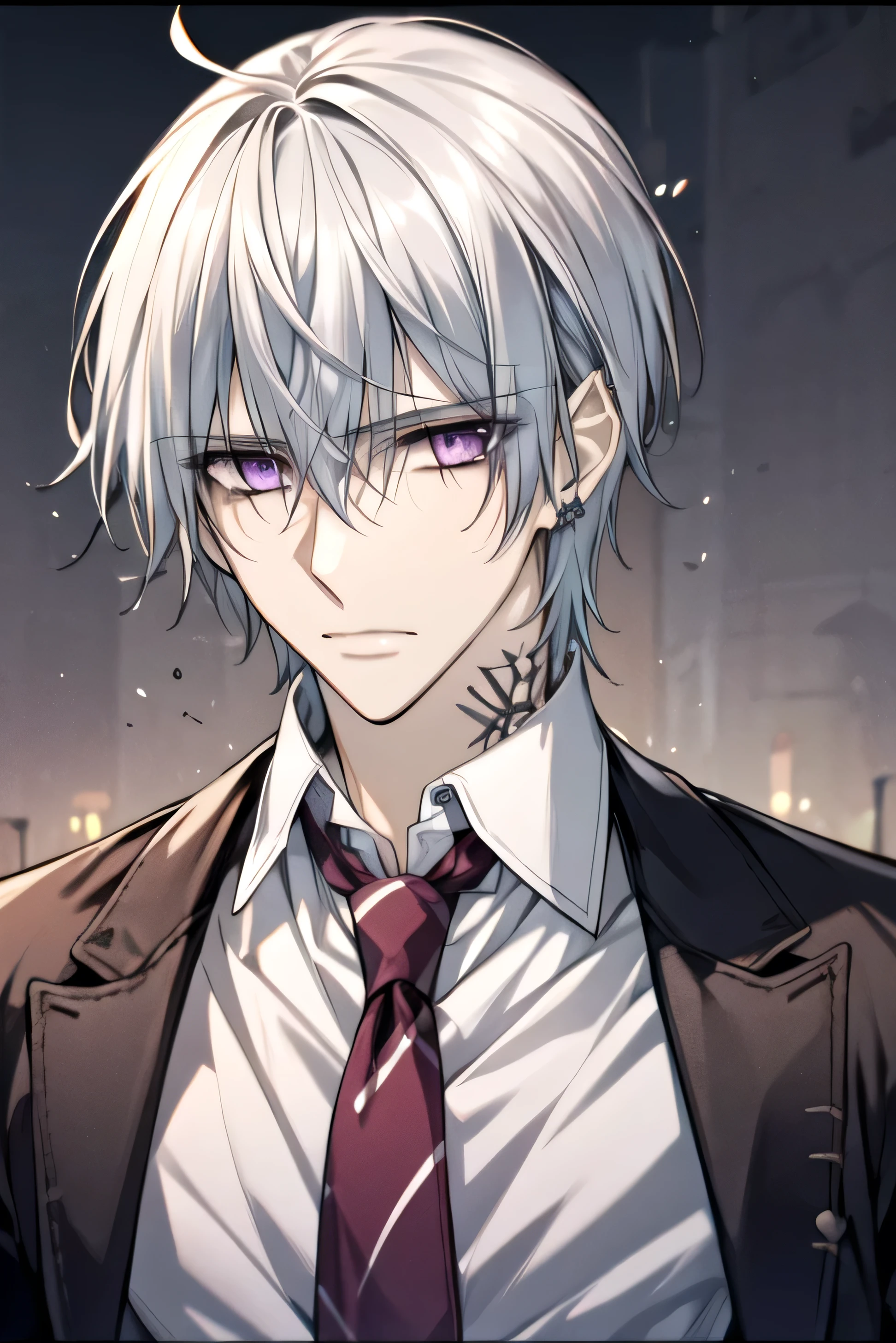 (absurdres, highres, ultra detailed, HDR), masterpiece, best quality, Zero Kiryuu, 1man, solo, handsome, (short silver hair), vibrant purple eyes, finely eye and detailed face, solid black background, white dress shirt, vampire knight, (arms behind back), solid crimson background, (portrait), unbuttoned shirt, chest showing, 
