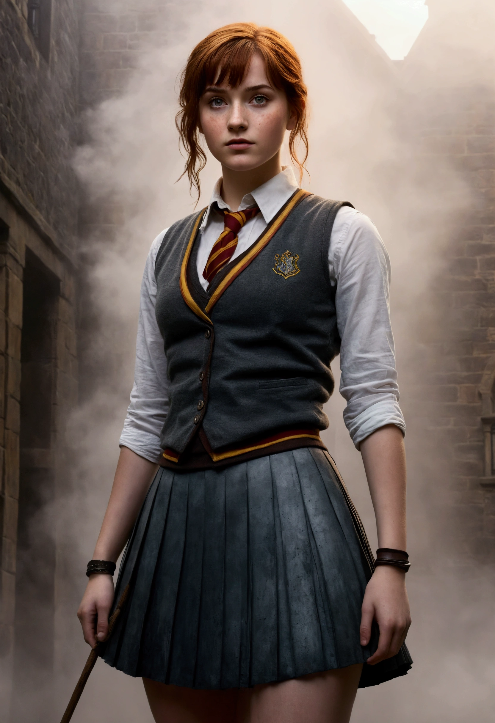 An illustrated movie poster, hand-drawn, full color, a teenage Hogwarts student, 18-years-old, female, wearing a charcoal vest and a pleated skirt, athletic hourglass figure, full wide hips, massive round butt, long shapely legs, ridiculously thick powerful thighs, vibrant eyes, deep dark auburn hair, punk pixie cut, flushed sun-kissed complexion, freckles, resembles Genevieve O'Reilly, standing in a foggy Hogwarts courtyard, surrounded by mist, graphite shading, stencil marks, airbrushed acrylic paint, masterpiece, close-up shot, in the style of the Deathly Hallows