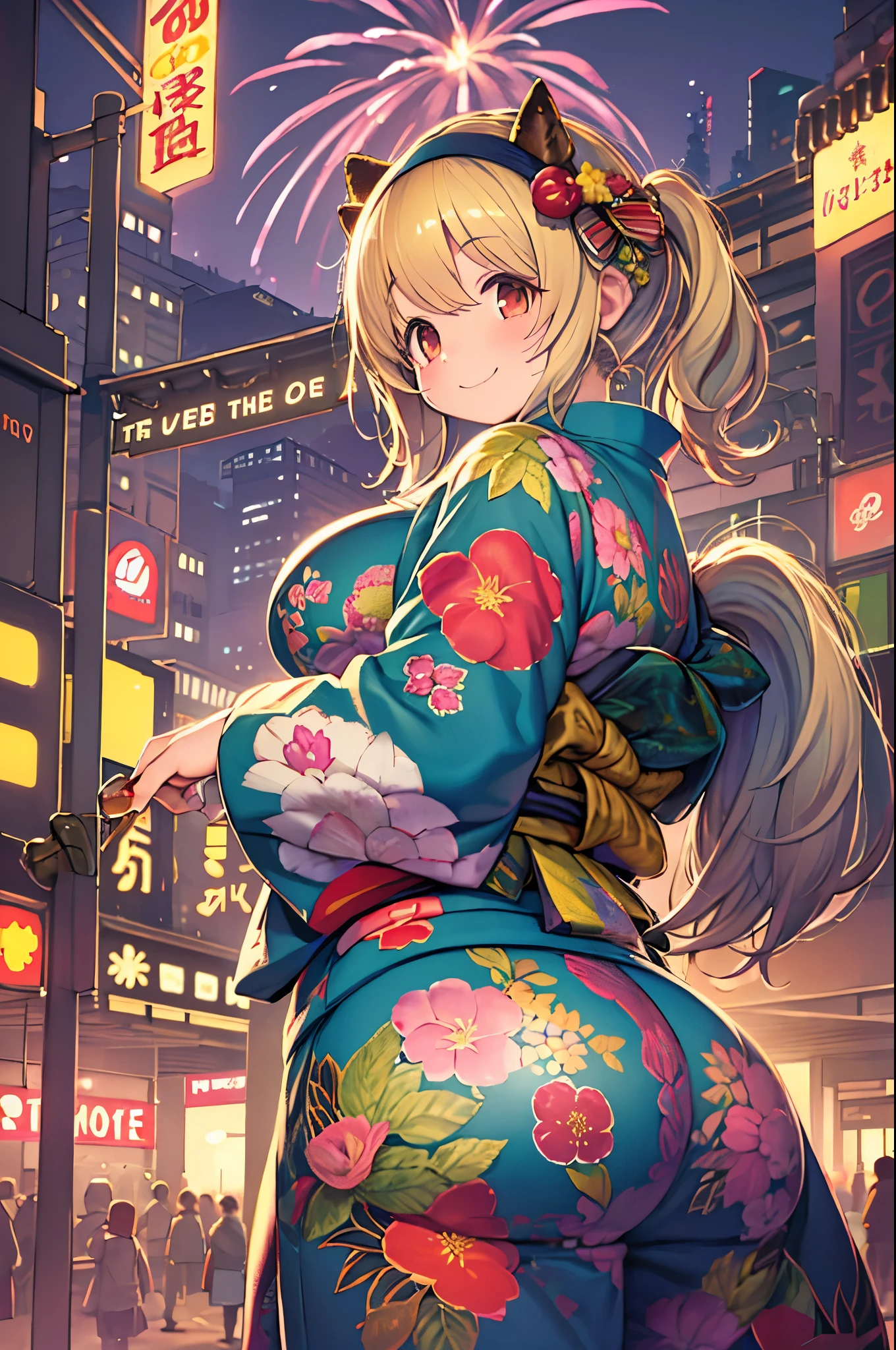 (((Highest quality, 8k, Tabletop))), A beautiful woman with a perfect figure is clearly visible), thin, (Hairstyle:  Open your ass)), ((kimono: Kara)), street: 1.2 非常に詳細な顔と肌の質感 詳細な目 double eyelid ランダムな姿勢, (smile),sass hole Open your asser cute Japan person,sass hole Open your asser beauty Japanese girl, Realistic Face, double eyelid,smile,Summer festival , At sunset ,Fireworks Background.