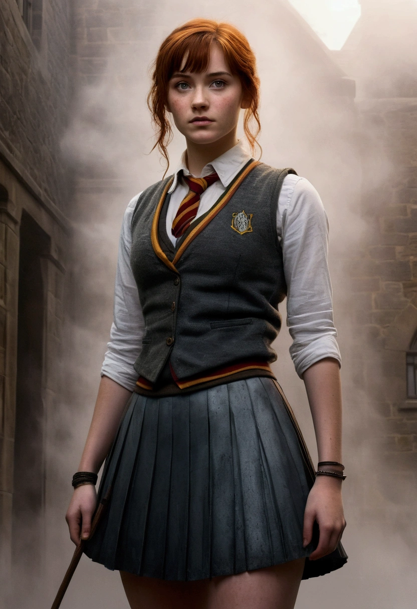 An illustrated movie poster, hand-drawn, full color, a age Hogwarts student, 18-years-old, female, wearing a charcoal vest and a pleated skirt, athletic hourglass figure, full wide hips, massive round butt, long shapely legs, ridiculously thick powerful thighs, vibrant eyes, deep dark auburn hair, punk pixie cut, flushed sun-kissed complexion, freckles, resembles Genevieve O'Reilly, standing in a foggy Hogwarts courtyard, surrounded by mist, graphite shading, stencil marks, airbrushed acrylic paint, masterpiece, close-up shot, in the style of the Deathly Hallows