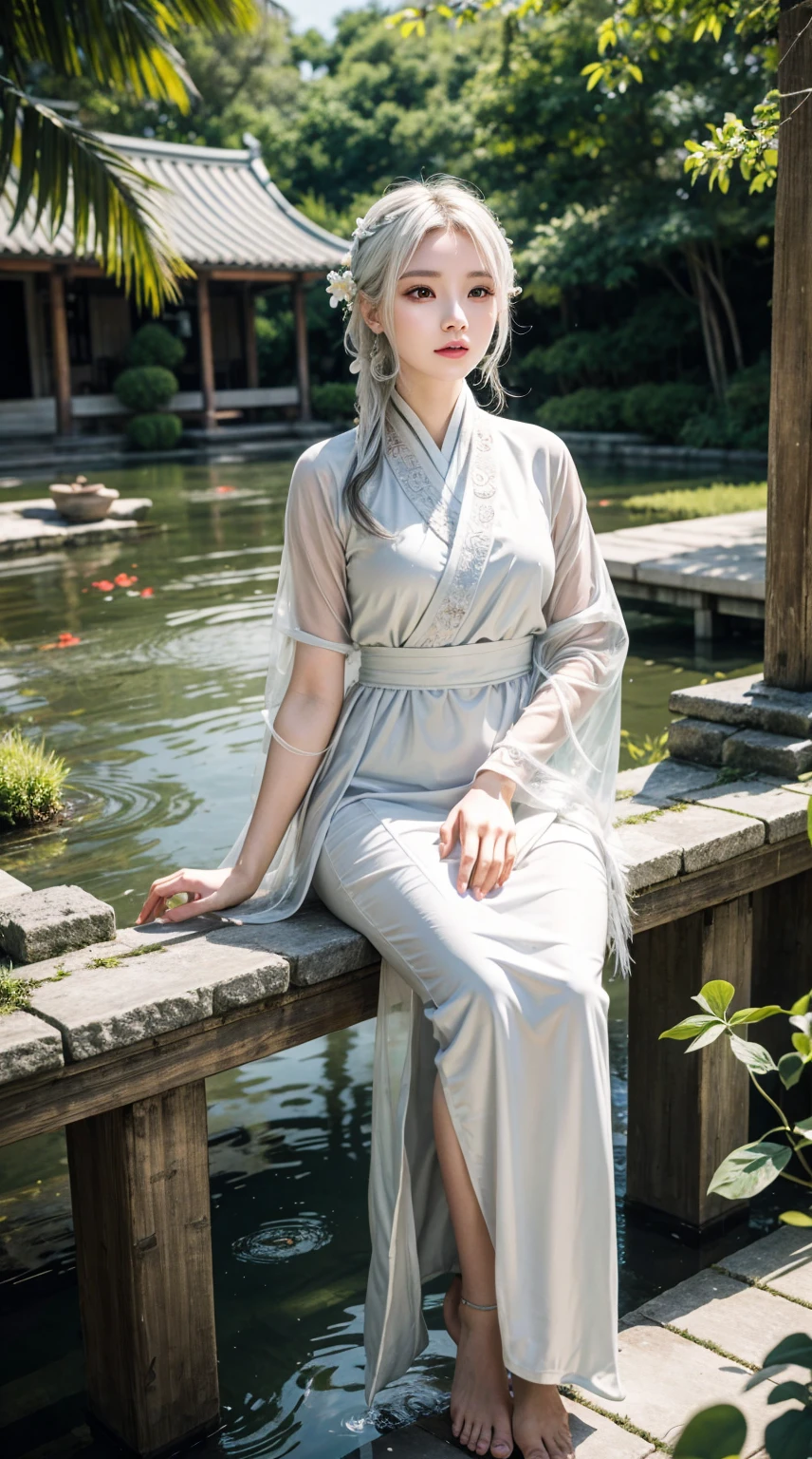 2D, Ancient style, Spring Garden, outdoor, White hair, Hanfu, nature, There is a pond in the middle of the courtyard, Begonias floating in the pond, girl sitting on a bench in the corridor, Wear a transparent feather robe, Holding a bamboo flute, Any body posture, Intricate details, best quality, Ray Tracing, Rendering, 8K, masterpiece