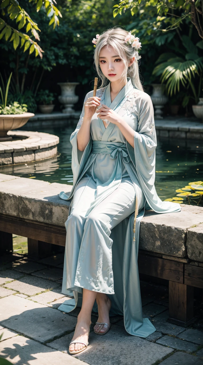 2D, Ancient style, Spring Garden, outdoor, White hair, Hanfu, nature, There is a pond in the middle of the courtyard, Begonias floating in the pond, girl sitting on a bench in the corridor, Wear a transparent feather robe, Holding a bamboo flute, Any body posture, Intricate details, best quality, Ray Tracing, Rendering, 8K, masterpiece
