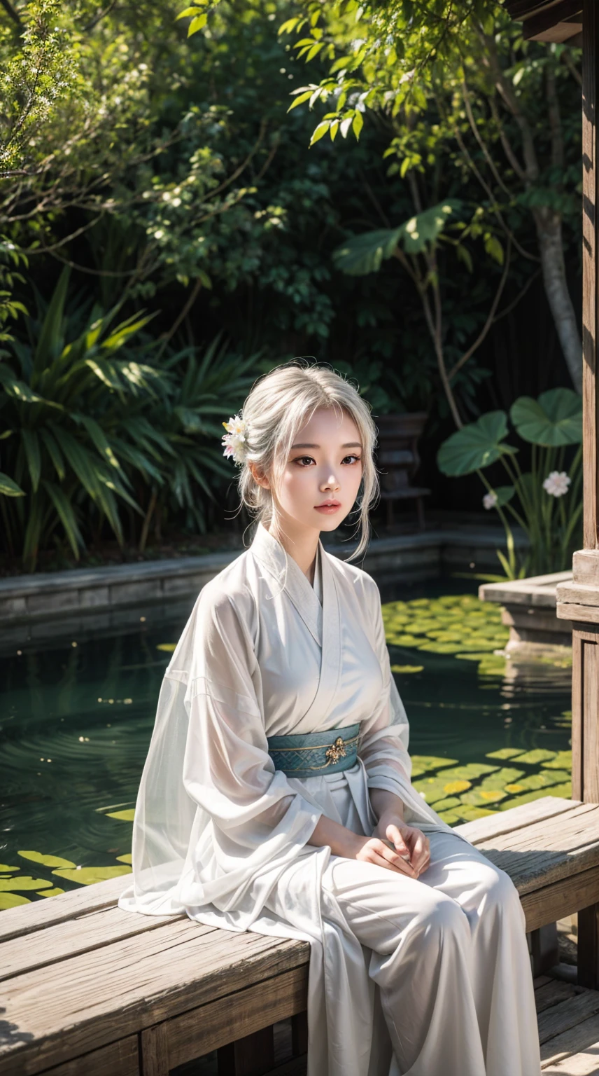 2D, Ancient style, Spring Garden, outdoor, White hair, Hanfu, nature, There is a pond in the middle of the courtyard, Begonias floating in the pond, girl sitting on a bench in the corridor, Wear a transparent feather robe, Holding a bamboo flute, Any body posture, Intricate details, best quality, Ray Tracing, Rendering, 8K, masterpiece