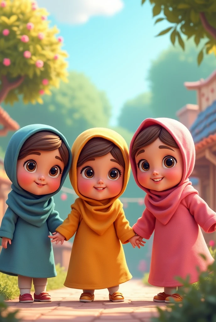 5 cute animated girls of same age 3 of them with hijab 
