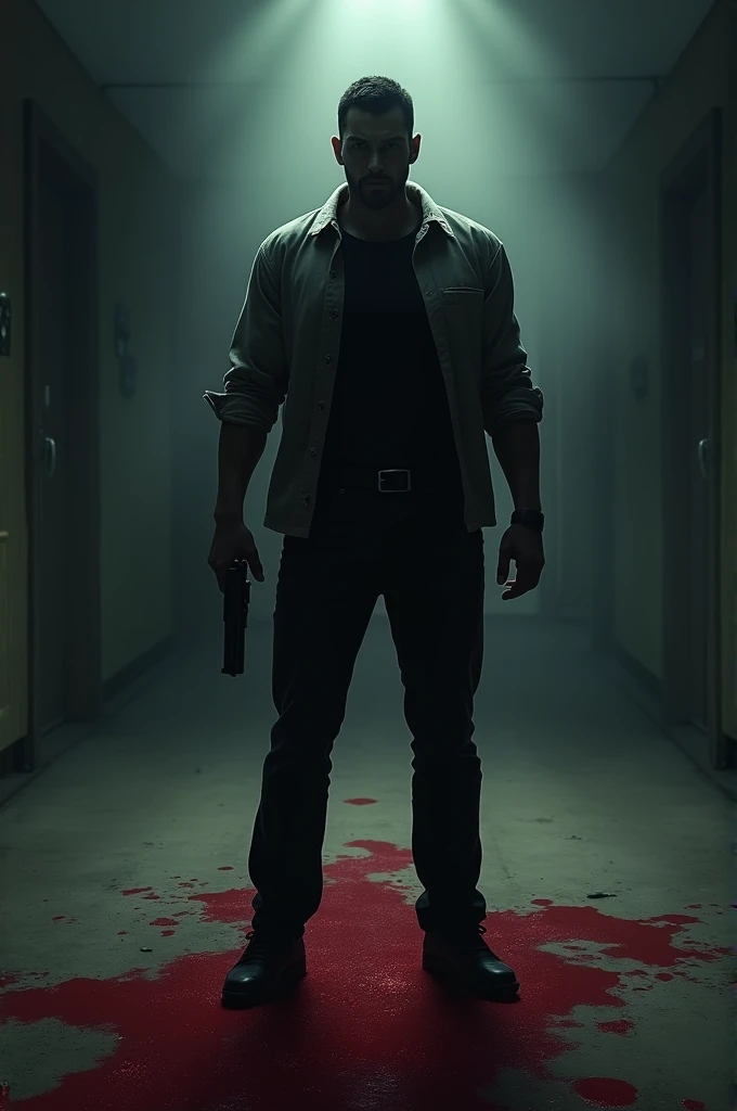 A man stands with a gun in his hand and blood under his feet Ai
