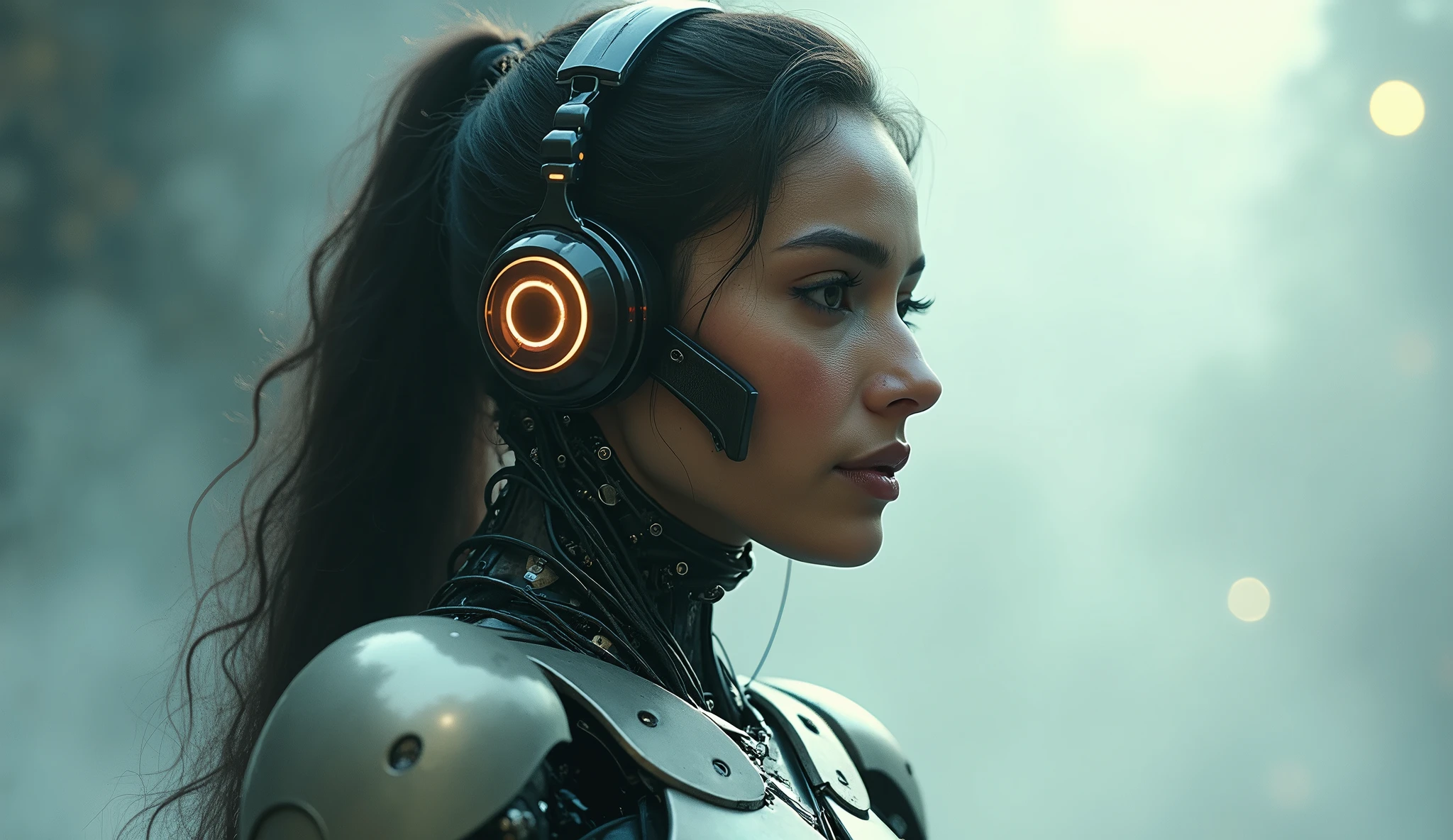 A photoreal crystal clear film still of a beautiful  indian woman, she is a biomechanical complex robot, she has a headphone

She is built for combat but still cute. Each joint, cable, and piston is meticulously detailed, emphasizing her raw power and emotion

A subtle mist surrounds the figure, catching the light and adding an air of mystery and danger. 