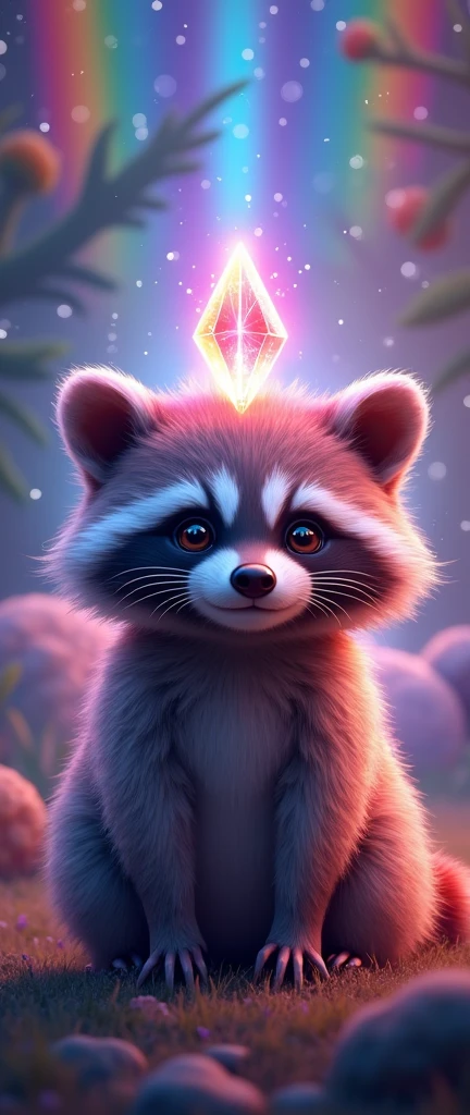 A mesmerizing 3D rendering of a captivatingly fluffy baby raccoon, adorned with a magical light crystal on its head. The raccoon is symmetrically positioned at the center, surrounded by a vibrant, multi-colored rainbow and a star-filled sky. The background features a lush forest, with a surreal, otherworldly atmosphere. The photograph is taken with an extremely high level of detail, focusing on the raccoon's fur and the transparent, flashing, bright, and super clear light that envelops it. This stunning image is popular on Artstation and has been praised for its conceptual art, composition, and vivid colors., photo, vibrant, 3d render, conceptual art